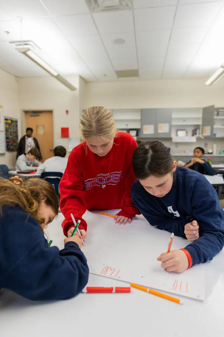 Middle School students collaborating on a poster project