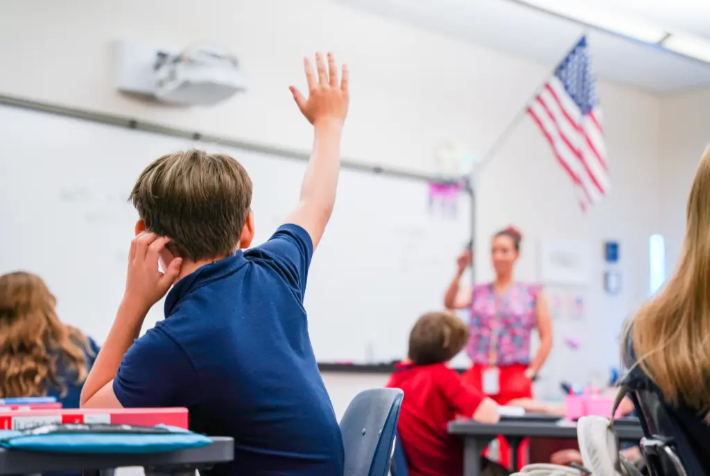 Child putting up their hand in a classroom